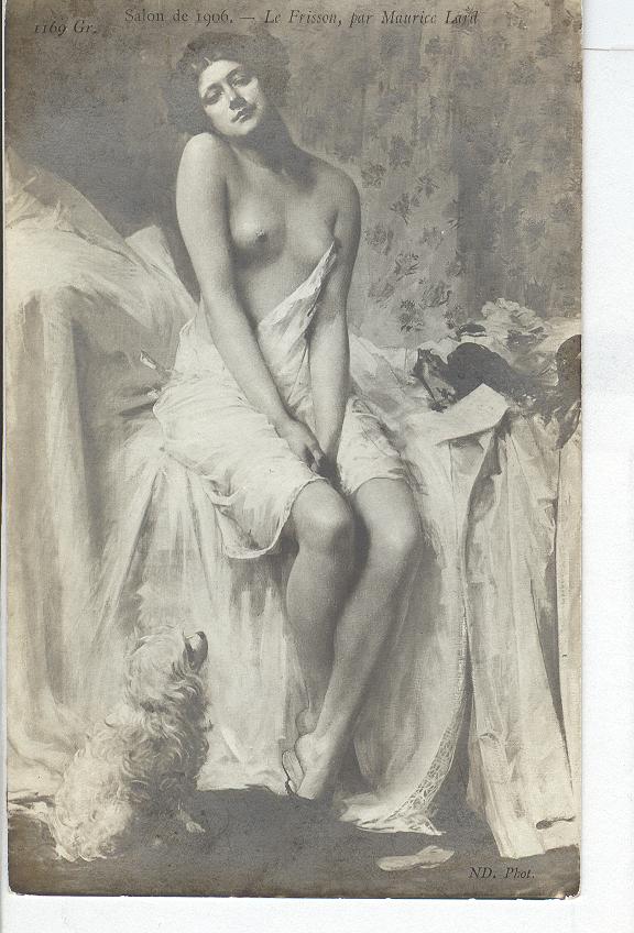 1906 French Nude Sitting On BedDog On Floor